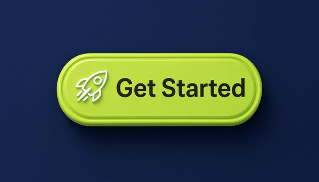Get started button with rocket icon on dark blue background representing launch and initiation concept