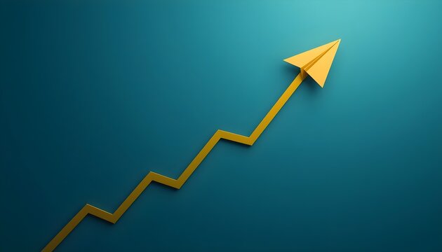 A gold paper plane flying along an upward rising business graph. Success and financial growth concept for corporate strategy.