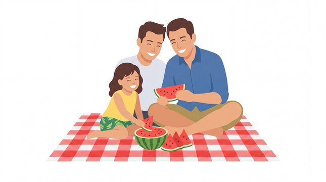 Happy same sex family clipart eating watermelon at a summer picnic
