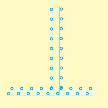 A minimalist geometric diagram illustration featuring a combination of two vertical and two horizontal lines forming an inverted T-shaped structure. This modern design is complemented by circle-like d
