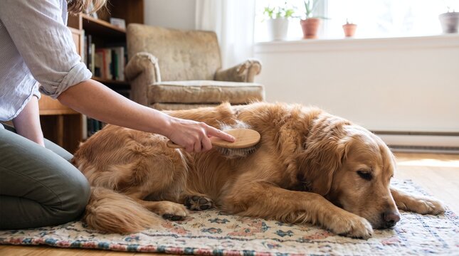 Woman grooming golden retriever dog at home, pet care, cozy lifestyle