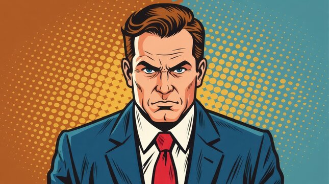Serious businessman in a suit and tie depicted in a retro comic book pop art style illustration