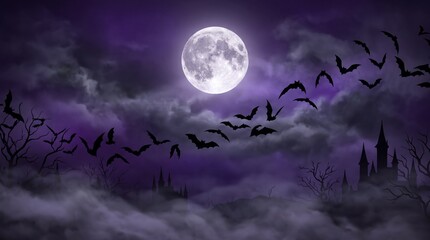 Fototapeta premium Bats flying past a full moon over a silhouetted castle landscape