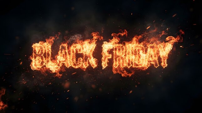 Black friday text made of bright orange flames and fire sparks against a dark background