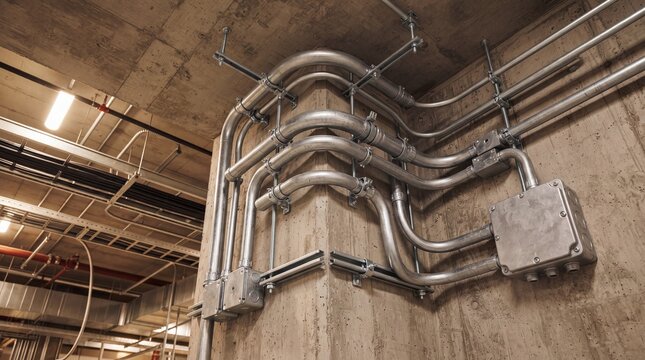 Industrial metal conduits and junction boxes installed on concrete wall in modern building interior