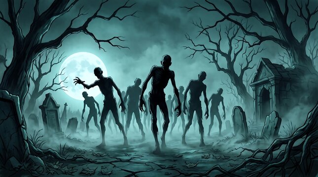 Group of creepy zombies walking through a dark, misty cemetery under a full moon at night, horror atmosphere illustration
