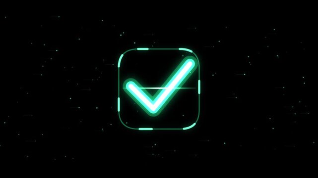 Glowing neon check mark hud icon animation on digital data background, tick