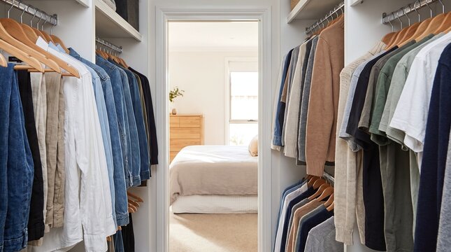Organized walk-in closet with clothes neatly arranged on hangers