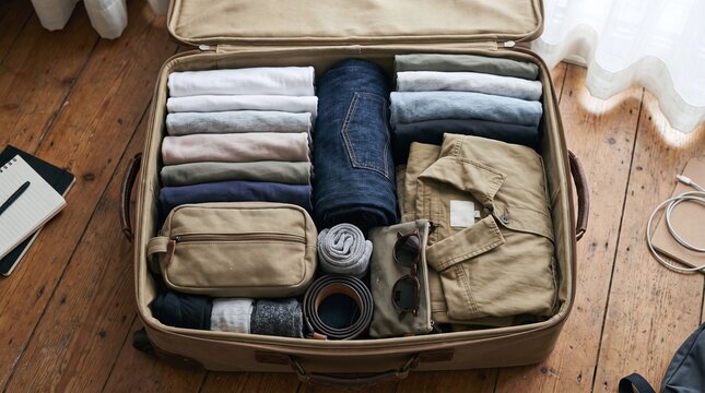 Packing Suitcase for Travel: Folded Clothes, Accessories, and Essentials