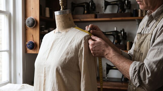 Tailor measuring dress form with measuring tape in workshop