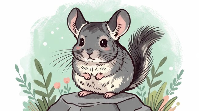 Cute chinchilla illustration sitting on a rock surrounded by stylized plants and soft green background