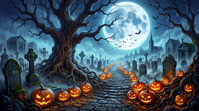 Spooky cemetery path lined with glowing jackolanterns under a large full moon, halloween night scene with old trees and tombstones