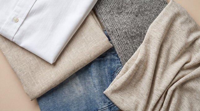 Assorted Textured Fabrics: White Shirt, Denim, Wool, Linen Blend