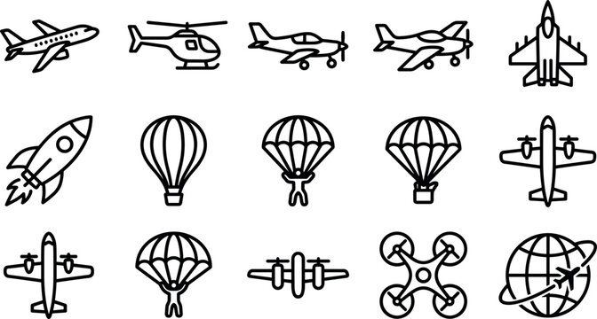 Aviation and air transportation line icon set with airplane helicopter jet rocket hot air balloon parachute drone and globe vector symbols