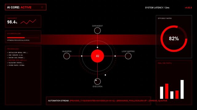 Futuristic red digital user interface with data visualization, circular loading gauge, bar charts, network nodes, server monitoring, high-tech dashboard HUD