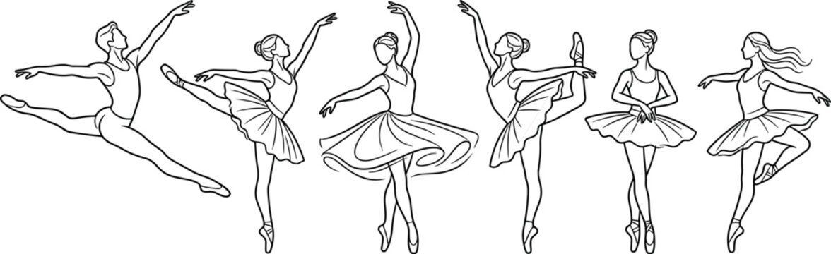 Classical ballet dancers and elegant ballerina line art set with male and female performers jumping dancing and posing vector silhouettes