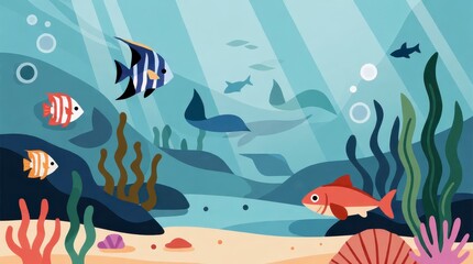 Obraz premium Colorful tropical fish swimming in a vibrant underwater coral reef ecosystem with aquatic plants