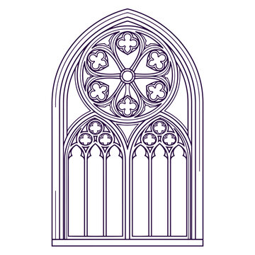 Gothic church window vector line art illustration featuring intricate tracery and a rose window design