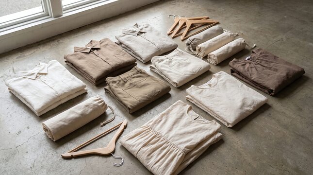 Folded Linen Clothing and Hangers on Floor