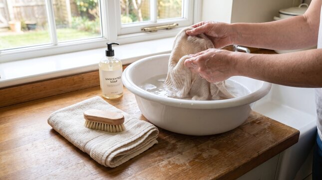 Hands Washing Clothes in Bowl by Window