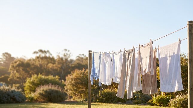 Laundry Drying on Clothesline in Sunlight Outdoors