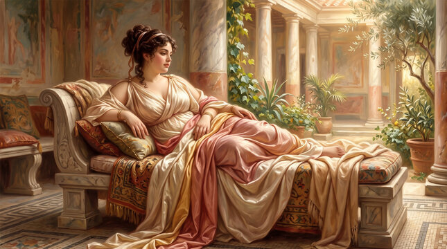 Classical painting of Roman woman in elegant toga reclining on chaise lounge in courtyard
