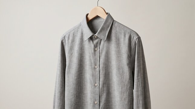 Minimalist Grey Textured Button-Up Shirt Hanging on Wooden Hanger