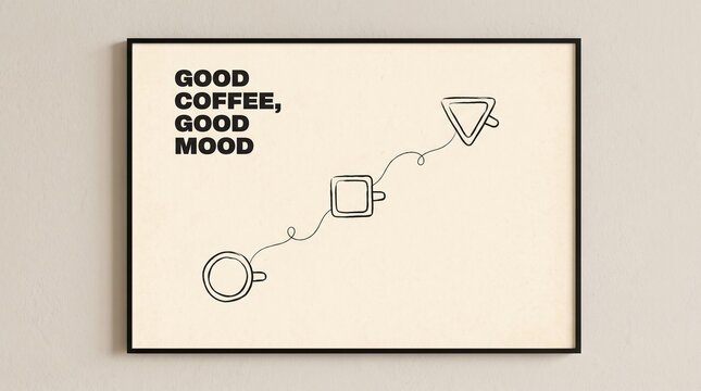 Minimalist wall art print featuring coffee cups in geometric shapes with the quote Good Coffee Good Mood.