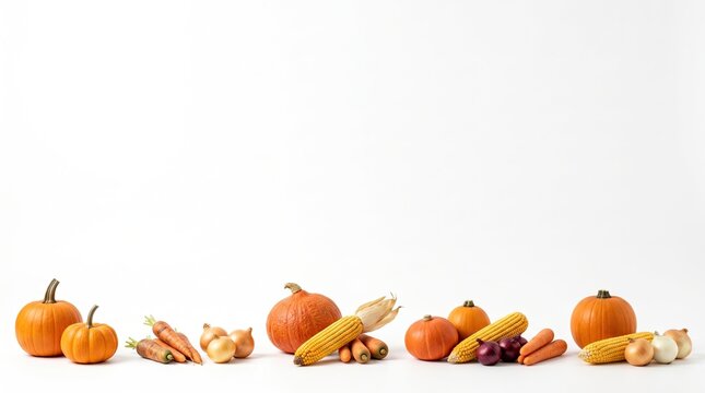 Assorted autumn harvest vegetables including pumpkins corn carrots and onions arranged on white background