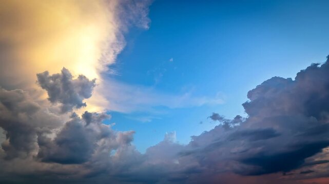 Dynamic Timelapse of Dramatic Cumulus Clouds at Sunset with Golden Light and Deep Blue Sky