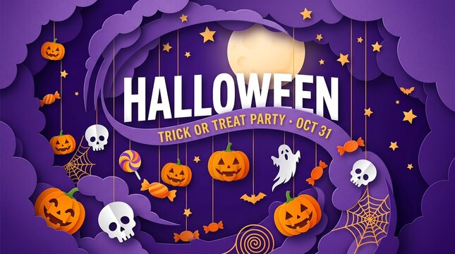 Halloween trick or treat party invitation with pumpkins, skulls, ghosts, and candy on a purple paper cut background
