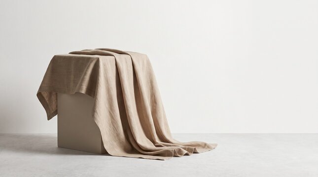 Cozy Blanket Draped Over Minimalist Cube, Soft Texture, Neutral Tones