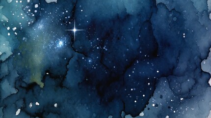 Fototapeta premium Abstract watercolor painting of a deep blue night sky with glowing stars and cosmic nebula textures