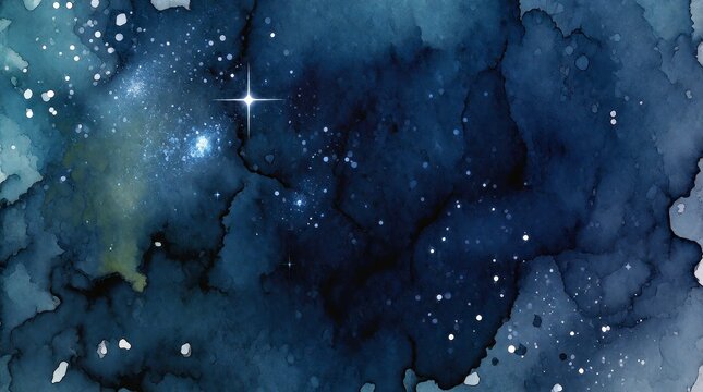 Abstract watercolor painting of a deep blue night sky with glowing stars and cosmic nebula textures