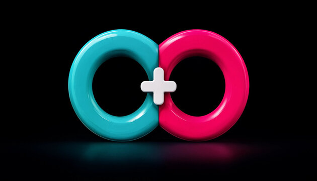 Infinity symbol with plus sign concept for unity collaboration and connection on black background