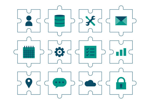Representing modular software architecture through interlocking puzzle pieces, a business icon set illustrates how custom application components combine to automate operational workflows