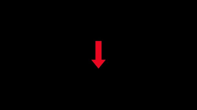 Minimalist red arrow icon pointing downwards animation on black background, direction pointer