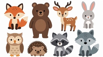 Fototapeta premium Set of cute woodland animal illustrations featuring a bear fox deer rabbit owl hedgehog raccoon wolf