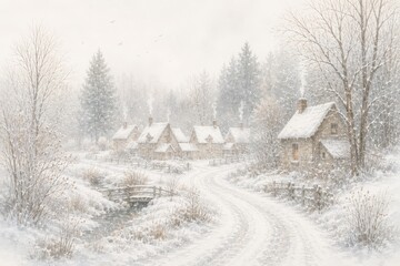 Naklejka premium Snowy country village with cottages beside a winding lane