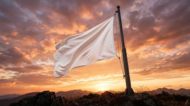 Single unbranded white flag waving on a pole against a dramatic sunset sky with warm orange and pink clouds.