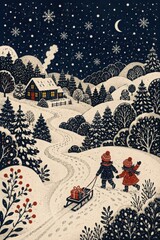Obraz premium Children pull gift sled through snowy moonlit winter village