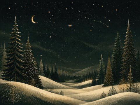 Vintage moonlit winter forest beneath a sparkling starry sky