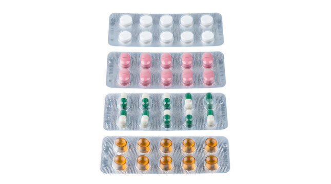 Four blister packs of different pills isolated on transparent background