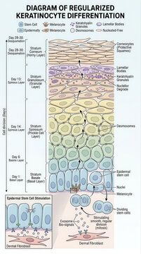 Diagram of Regularized Keratinocyte Differentiation, featuring exosome serum, stem cell, epidermal, melanocyte, spinous layer, stratum corneum, basal layer