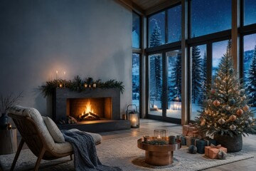 Fototapeta premium Cozy Christmas living room with fireplace beside snowy forest
