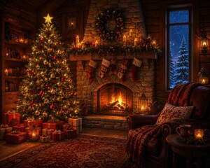 Fototapeta premium Cozy Christmas living room with fireplace, tree, gifts, snowy view