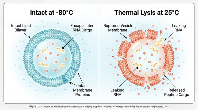 Comparison of Encapsulated RNA Cargo under Different Temperatures, featuring exosome serum, intact lipid bilayer, thermal lysis, ruptured vesicle, membrane proteins