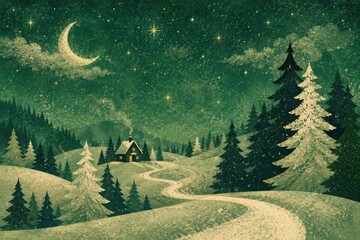 Obraz premium Vintage moonlit winter forest landscape with cozy cabin