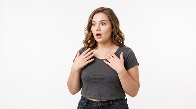 Surprised young woman in grey t-shirt with hands on chest expressing shock on white background