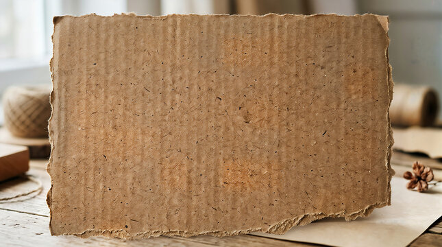 Handmade rough texture brown cardboard paper with frayed edges on wooden surface